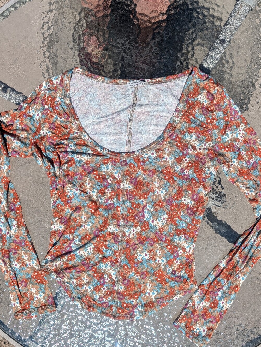 Free People Intimately Long Sleeve, Cropped,Floral Scoop Neck Top - Rust Multi